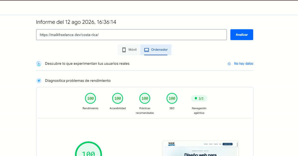 Resultado PageSpeed 100 de MaikFreelance